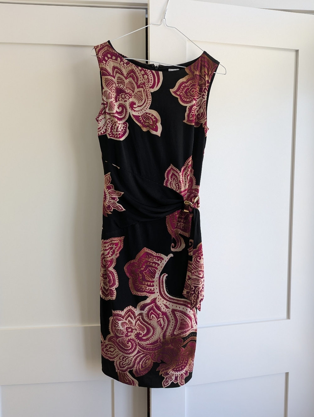 Cache Black Midi Dress with Magenta Floral Print and Knot Detail